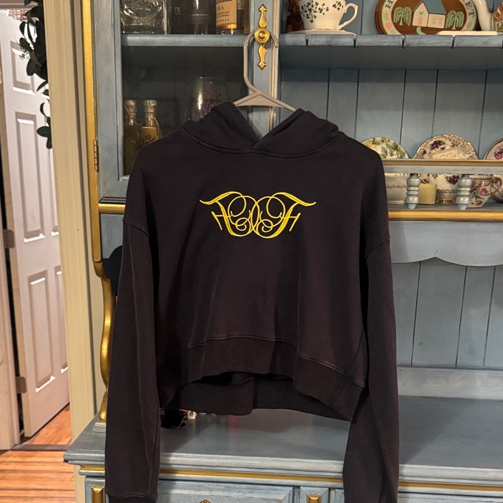 Finesse Black Cropped Hoodie with Yellow Embroidered Logo